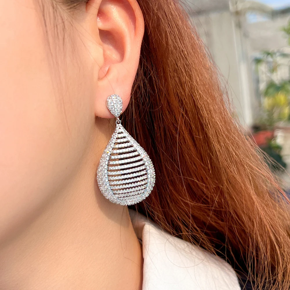 ThreeGraces Luxury Cubic Zirconia Silver Color Long Big Dangle Bridal Wedding Earrings for Women Fashion Brand Jewelry E1112