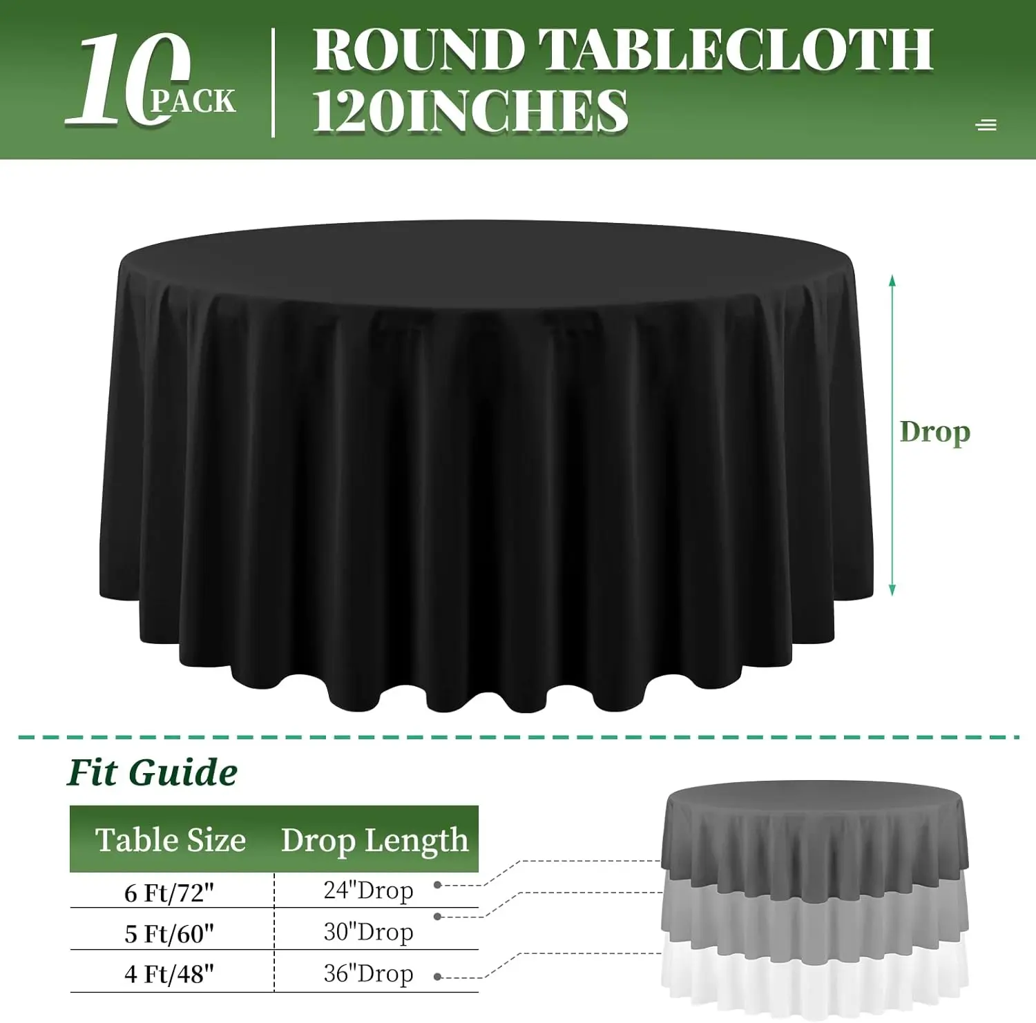 10 Pack Round Table Cloth Black Round Tablecloth 120 Inch Round Tablecloth Washable Polyester Fabric Bulk Linen Tablecloths