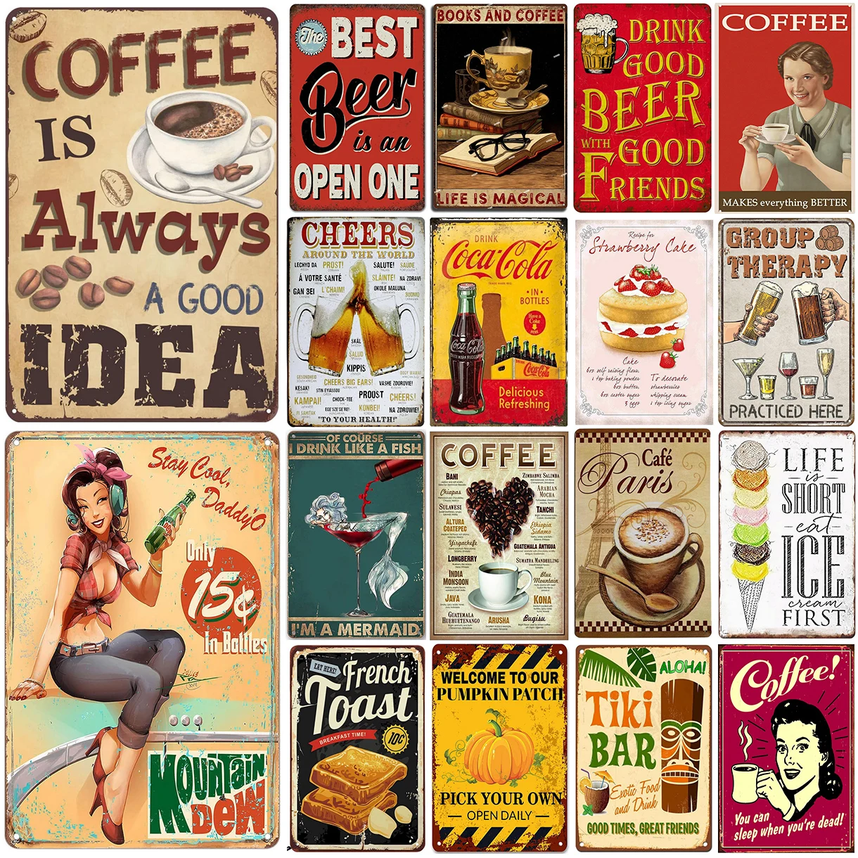 Metal Cola Beer Tin Signs Coffee is Always a Good idea Posters Plate Wall Decor for Bars Man Cave Cafe Clubs Retro Poster Plaque