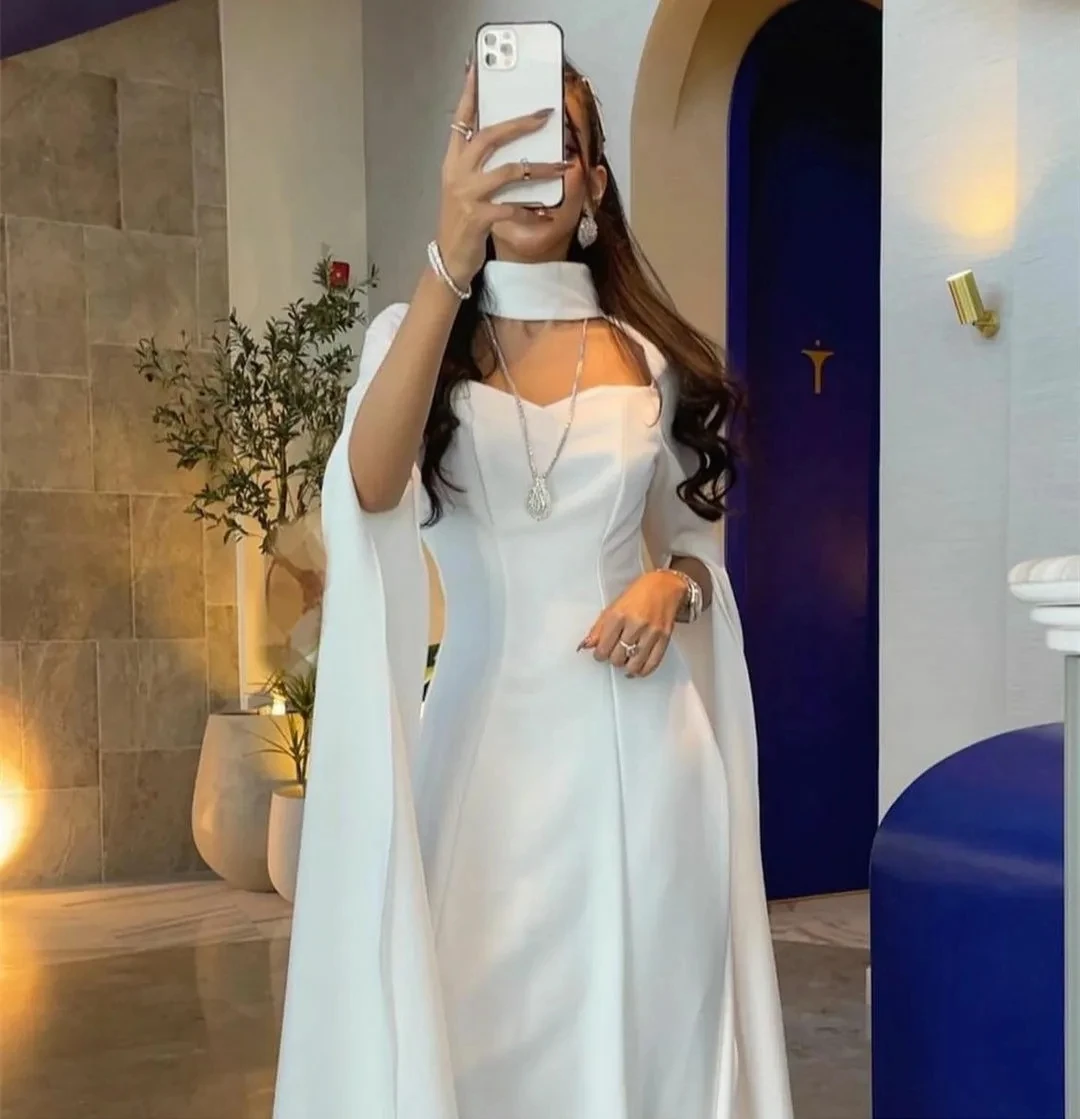 Aenyrst High Neck Evening Gowns Elegant Long Crepe With Sleeve Prom Dresses Satin A-Line Side Slit Party Dresses فساتين سهره