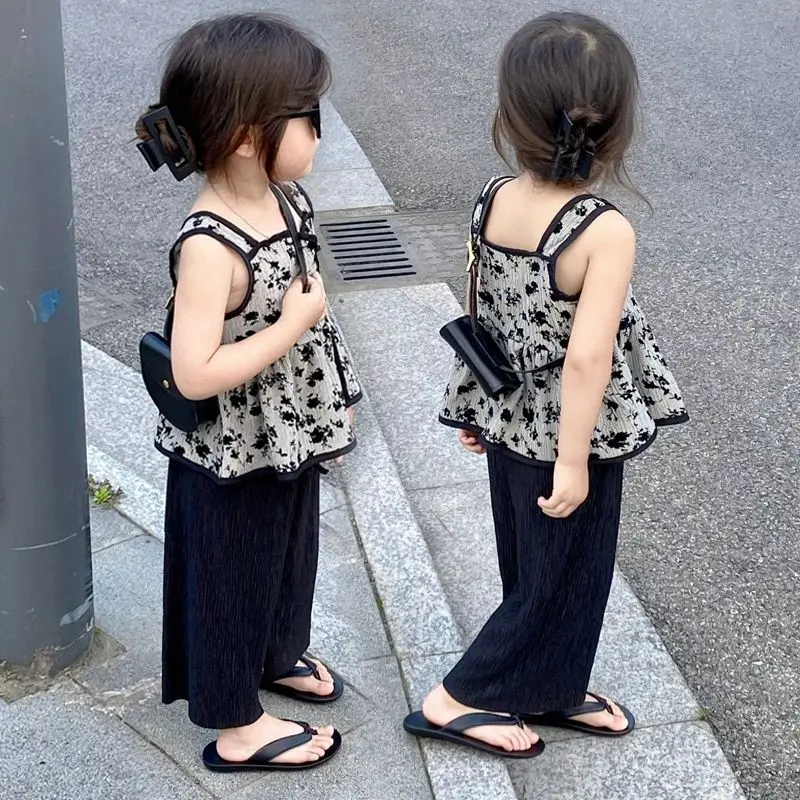 Girl Clothes Suit 2023 New Girl Summer Clothes Two Piece Suspender Set Fashion Style Princess Dress Girl Wide-leg Pants