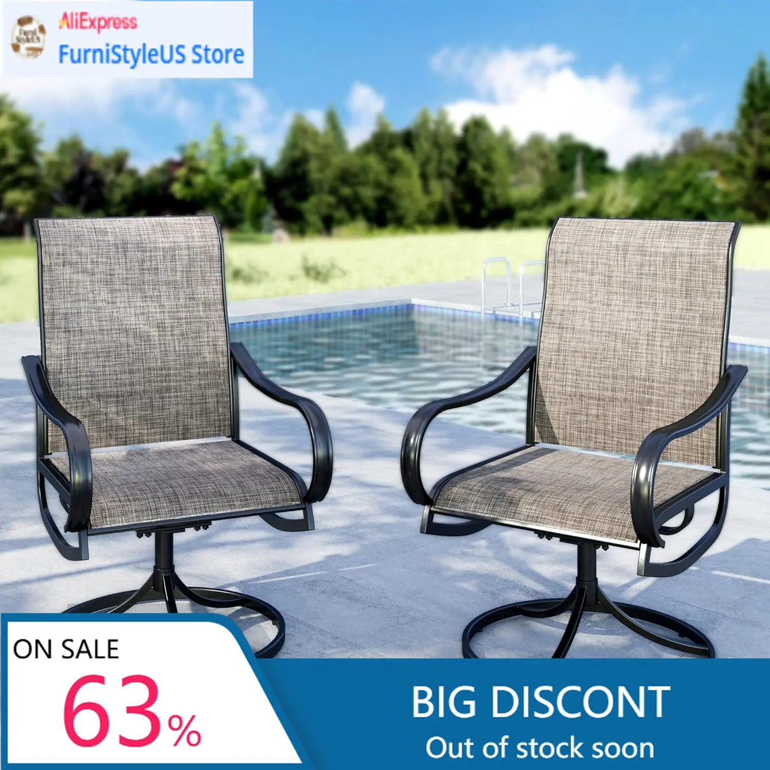 

Набор из 2 поворотных обеденных стульев для патио, уличные обеденные стулья с дышащей быстросохнущей тканью Textilene и прочным металлическим каркасом