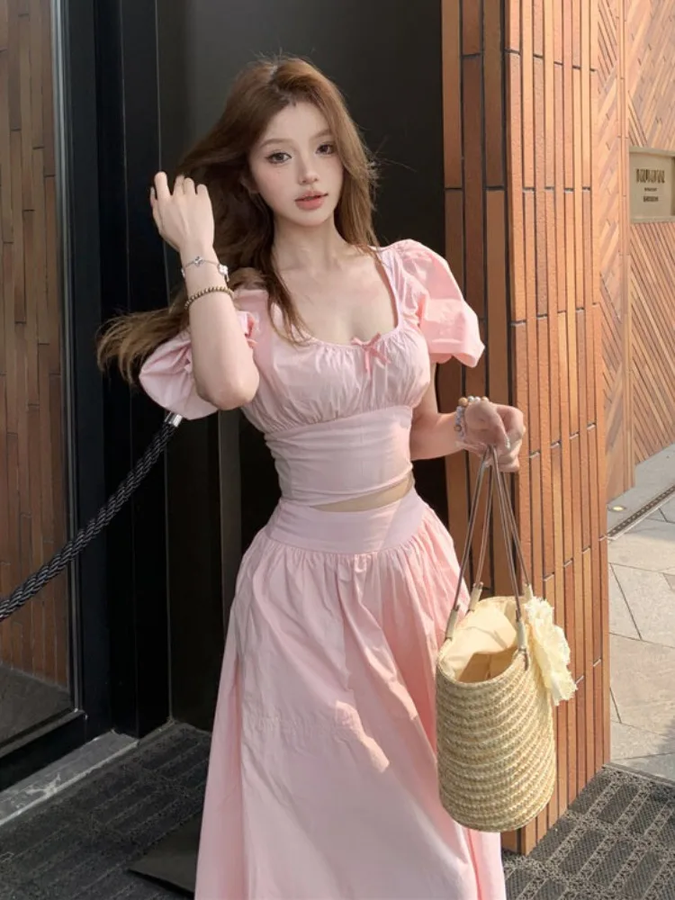 

Summer Sweet Pink Bow Square Collar Top High Waist A-line Half length Skirt Two Piece Set Women's High End Set Skirt