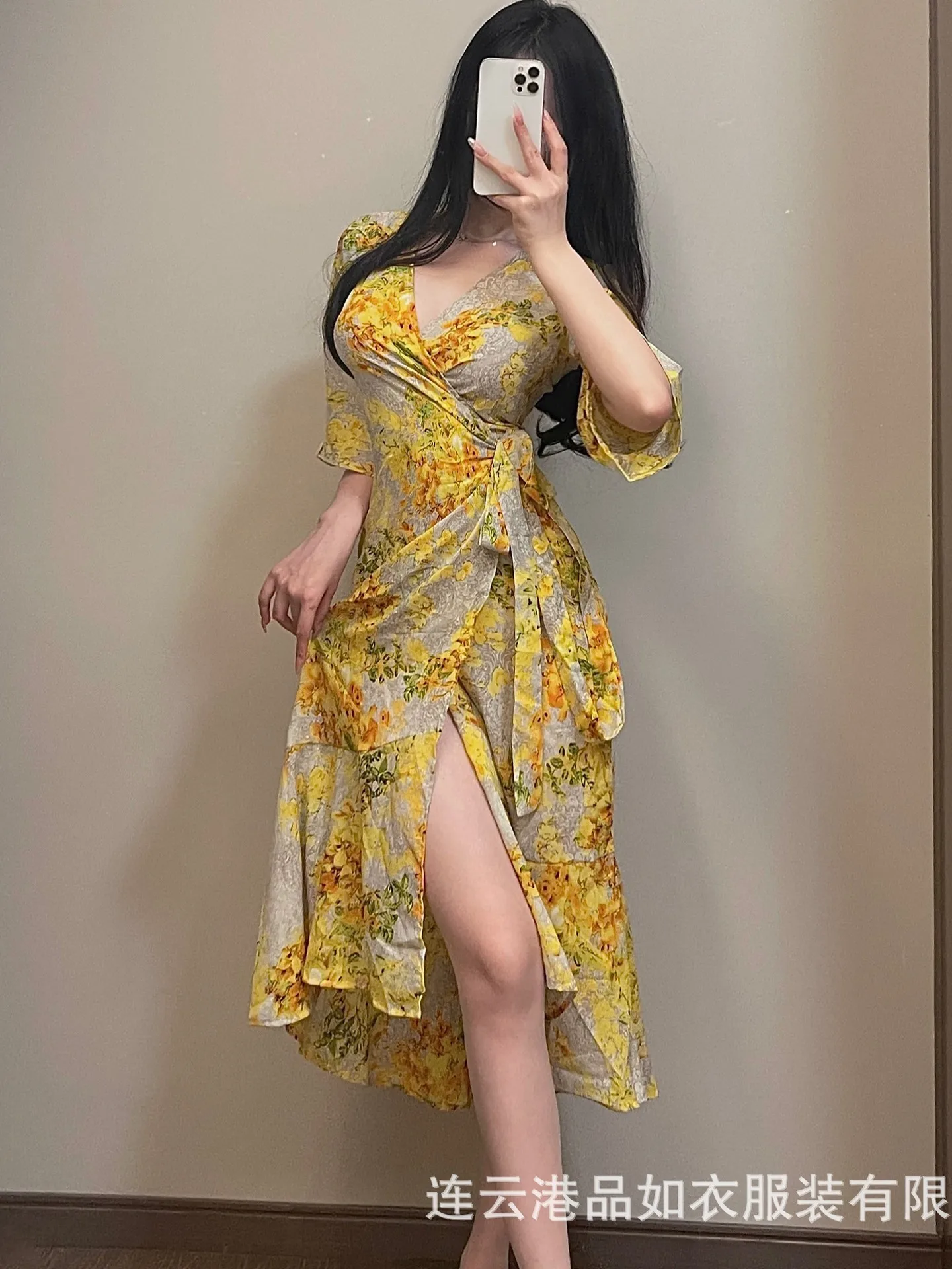 New Fashion Summer Product Yellow Battle Robe Mature Charm Elegant Gentle Style Flower Print V-Neck Sexy Holiday Dress C7K7