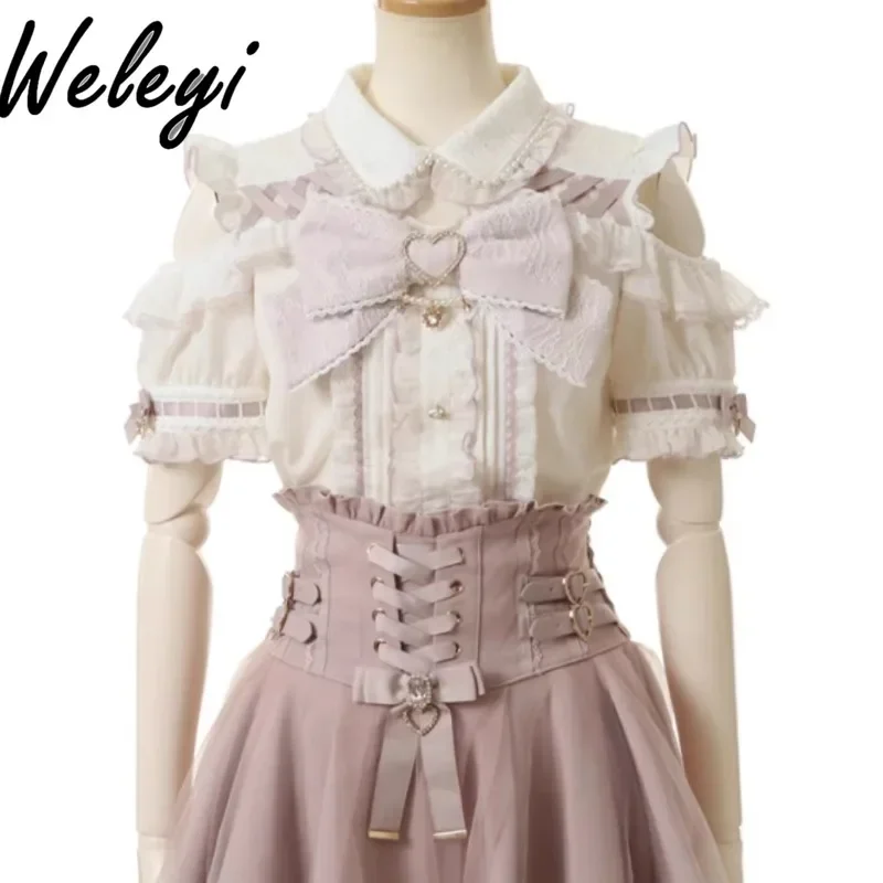 

Cute Mine Style Lolita White Shirt Women Japanese Super Nice Mass Produced Half Sleeve Off The Shoulder Big Bow Camisas E Blusas