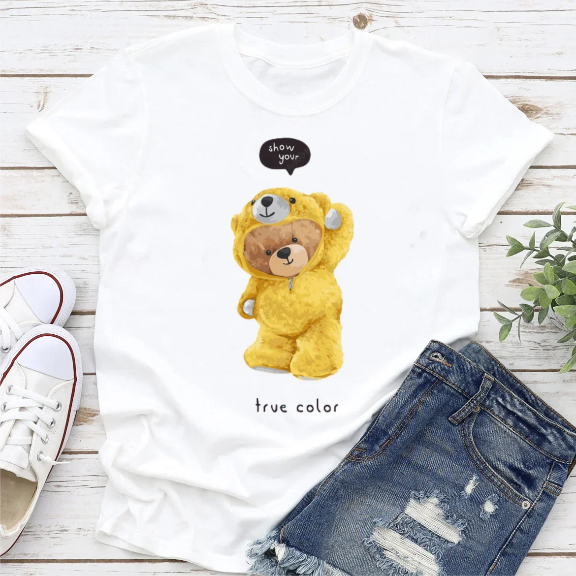 Camiseta básica con estampado de oso de dibujos animados, ropa suave informal, camisetas creativas de ocio, Tops de verano, nueva moda