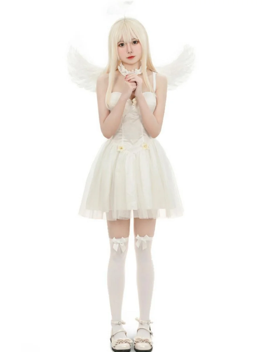 Halloween-kostuum voor volwassenen, zwarte en witte engel, duivel met vleugels, dansvoorstelling, kleding, polyester materiaal