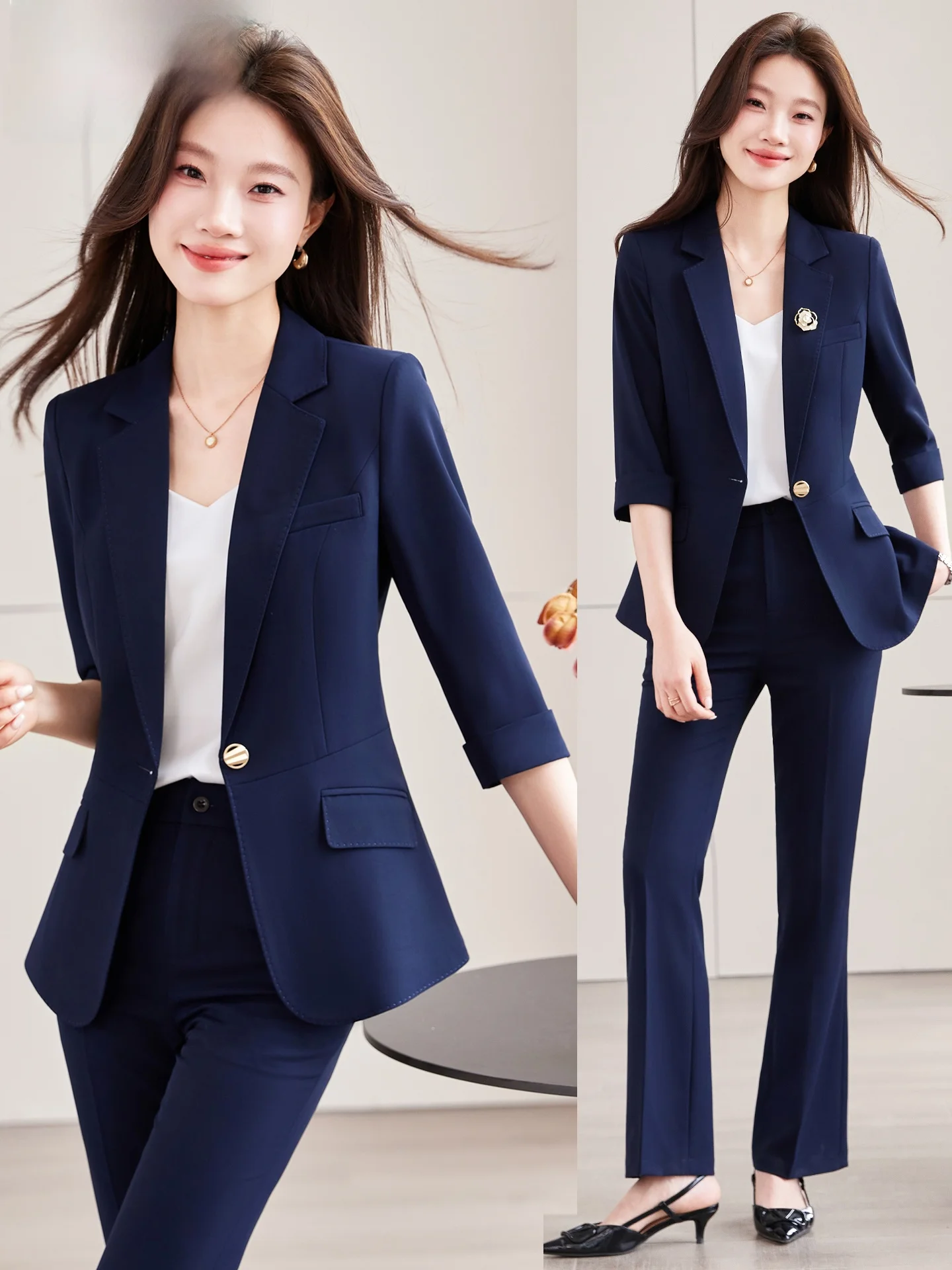 

Готовый к весенним поездкам на работу комплект: приталенный пиджак королевского синего цвета с рукавами три четверти и брюки с микро-клешем для профессионалов.
