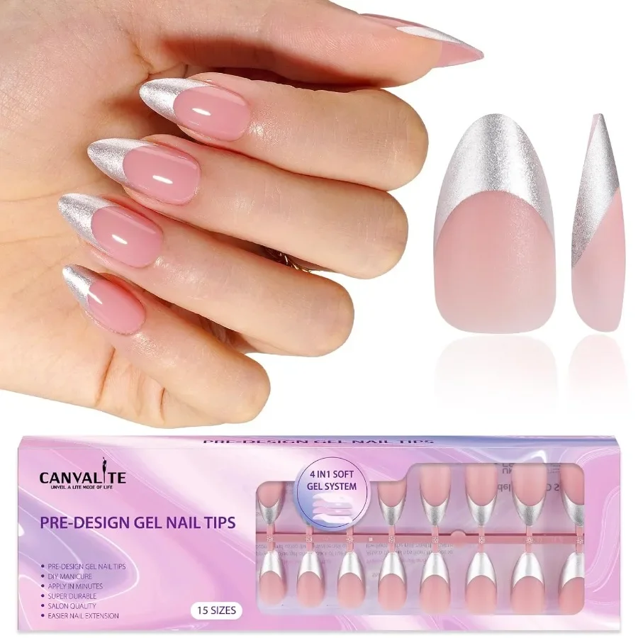 

Canvalite Chrome French Tip Press on Nails PreColored Quick and Easy Press on Nails Medium Almond Fake Nails with Designs for D