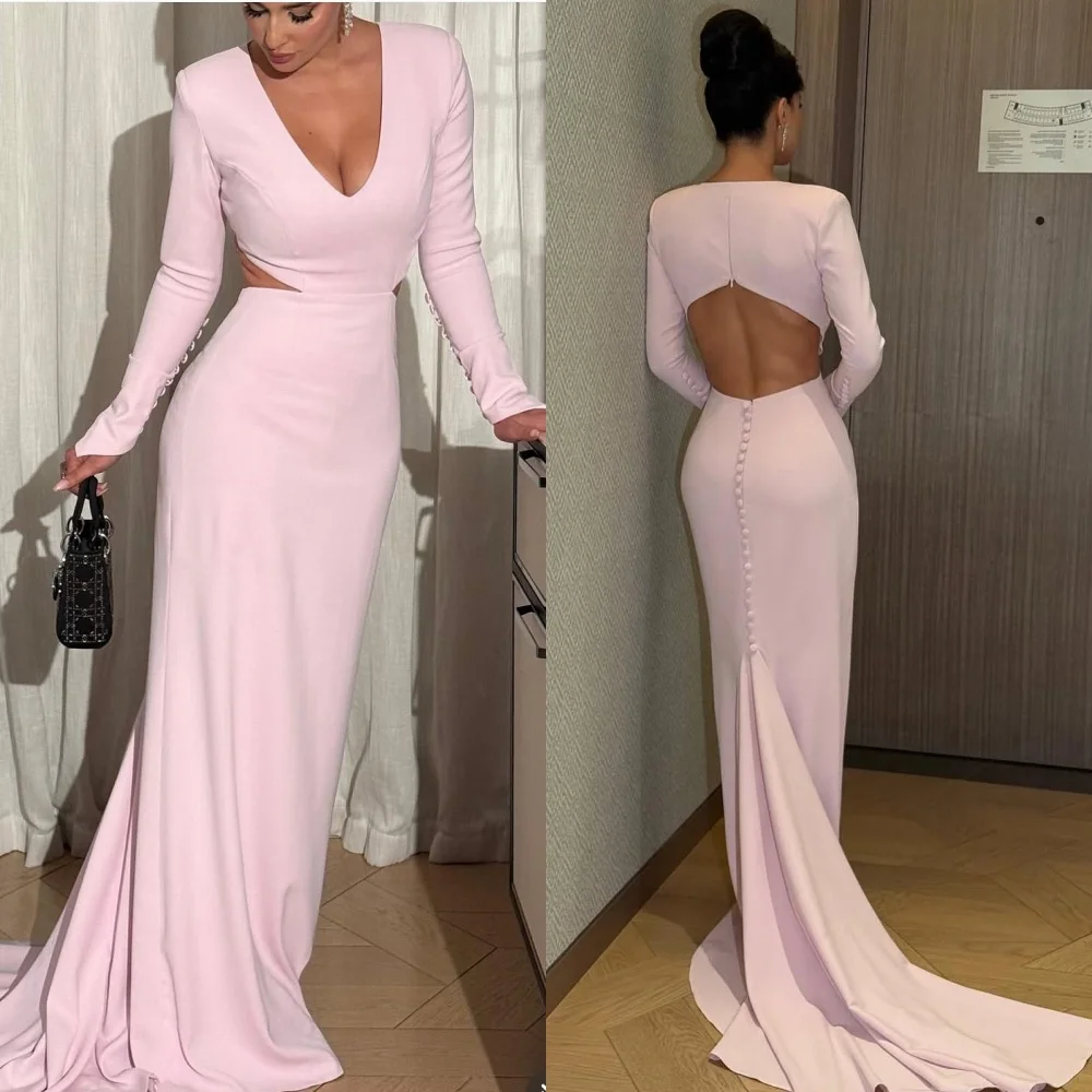 

Customized Sparkle Jersey Pleat Button Column V-neck Long Dresses Bespoke Occasion Party Exquisite Modern Style