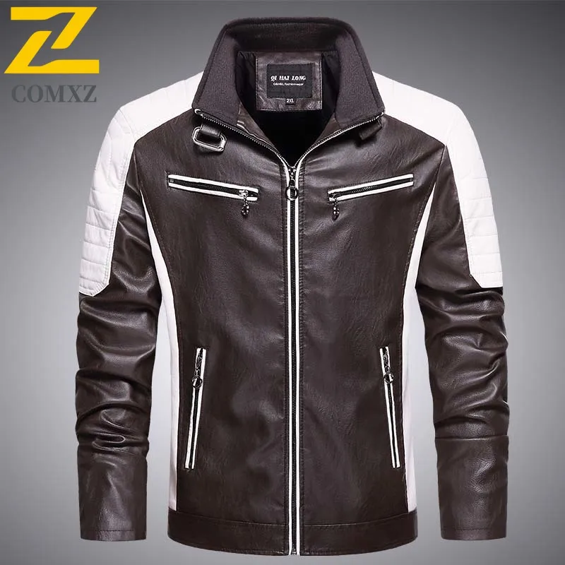 COMXZ Premium Men PU Leather Jacket Fashion Classic Turndown Collar Camping Coat Casual Daily Style Windproof Autumn Clothing