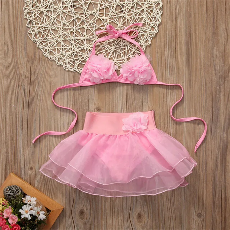 1-6years Baby Girls Swimwear Solid Pink Hanging-Neck Floral Top Tutu Skirt With Panty Swimsuits For Girl Summer Beach Bikini Set