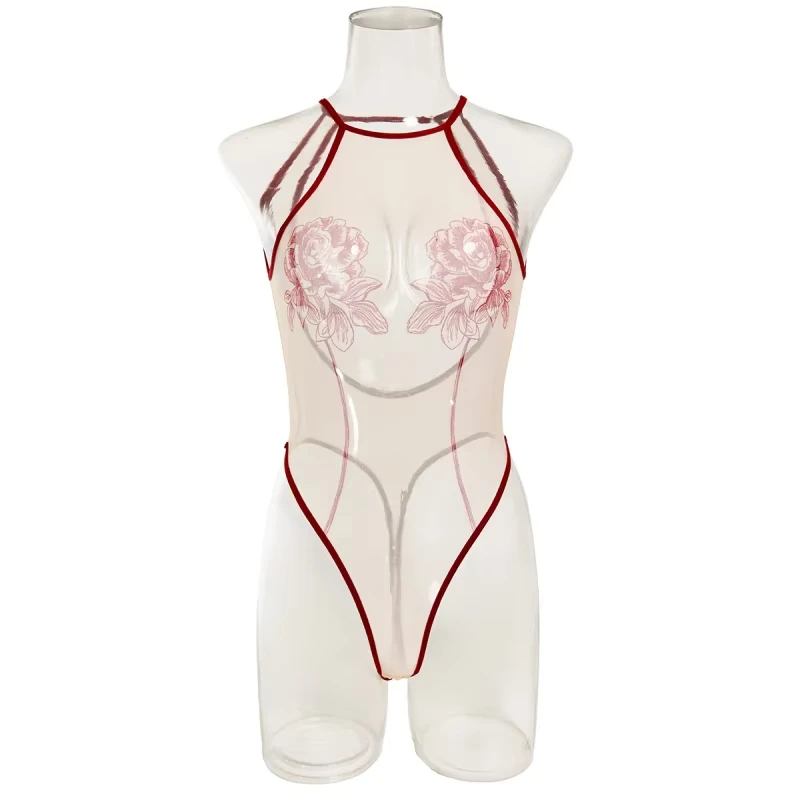 Bikini print mesh bodysuit, sexy hollow-out see-through backless one-piece lingerie bodysuit