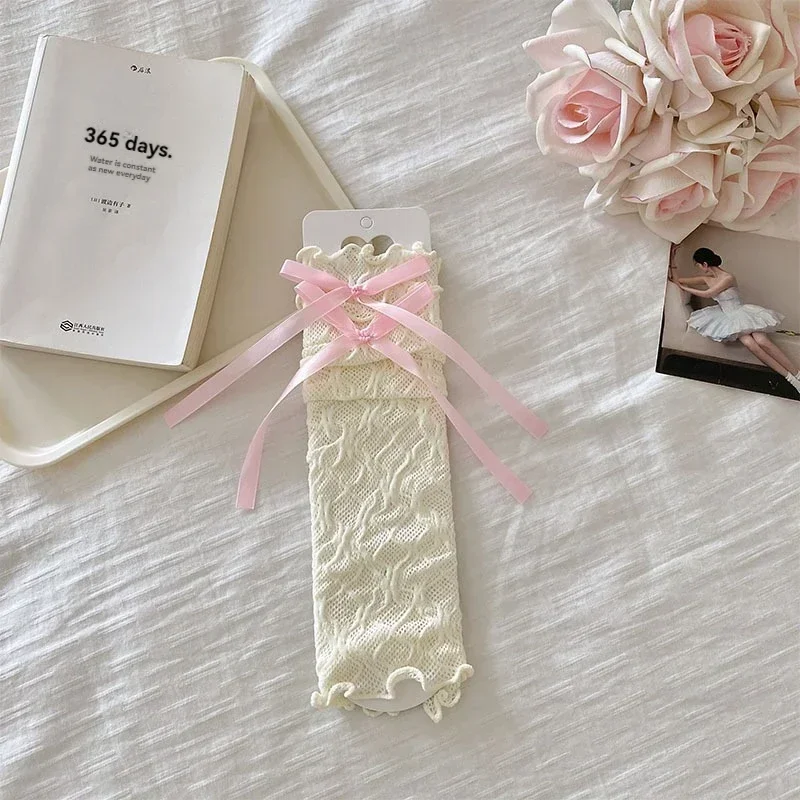 ロリータレース手袋バレエスタイル白レース袖女性の薄い夏の日焼け止め換気 Y2K かわいい弓手袋女の子のための