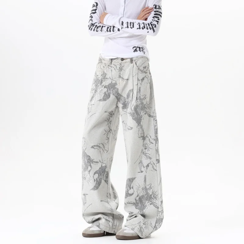 Men's Unisex White Loose Wide Leg Jeans Fashion Trendy Irregular Print Casual Streetwear Comfortable Fashion Jeans New Arrival