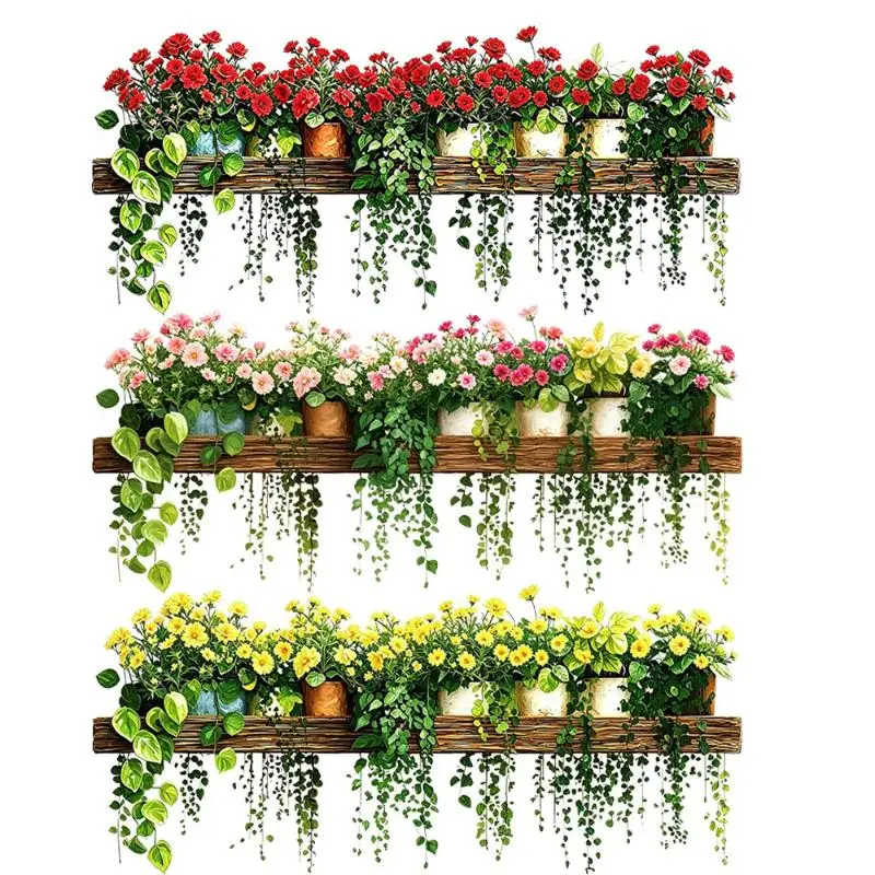 Realistic Hanging Flower Wall Sticker With Green Vines And Colorful Blooms For Kitchen Living Room Decor