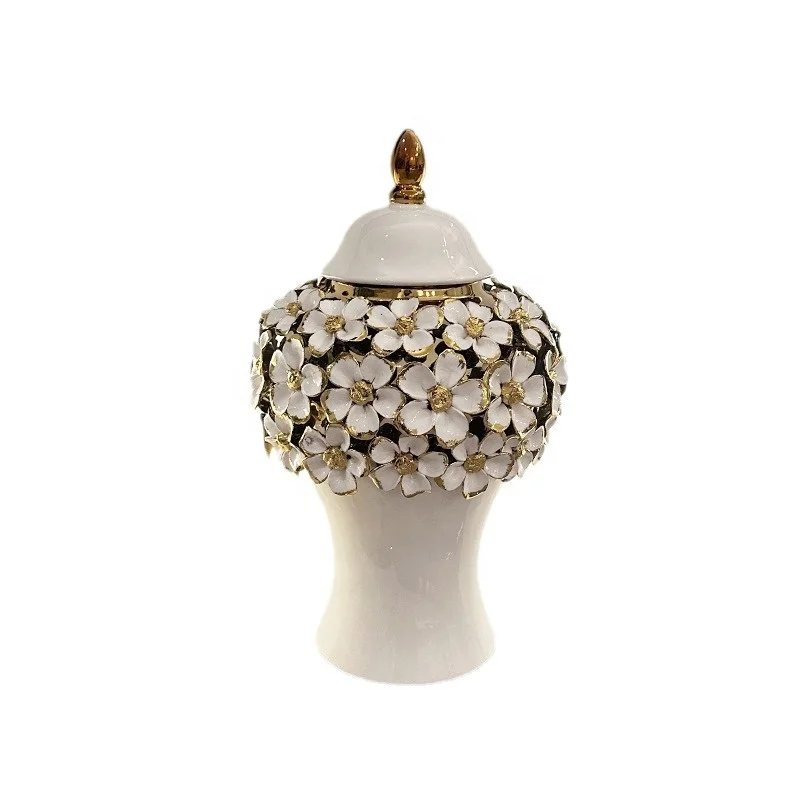 

&c European Style Handmade Floral General Ginger Jar Golden Plated Ceramic Vase for Living Room Foyer Home Decoration