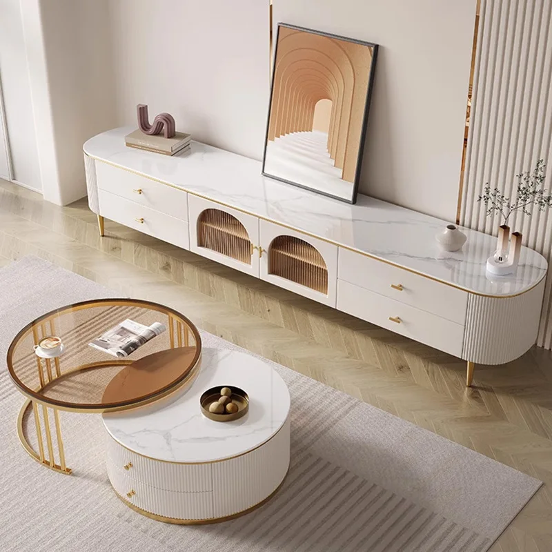 Tempered glass coffee table TV cabinet combination, living room modern light luxury retractable rock slab round tea table