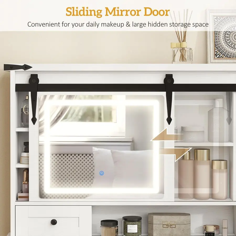 Farmhouse Vanity Desk with Mirror, Rustic Makeup Vanity Table with LED Lights, Cushioned Stool, 42 Inch Glass Tabletop, Drawers