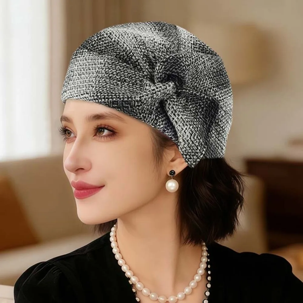 

Casual Contrast Color Mom Plaid Beret Cap British Style Knitted Wool Painter Cap Versatile Acrylic Fibers Bow Twisted Hat Daily