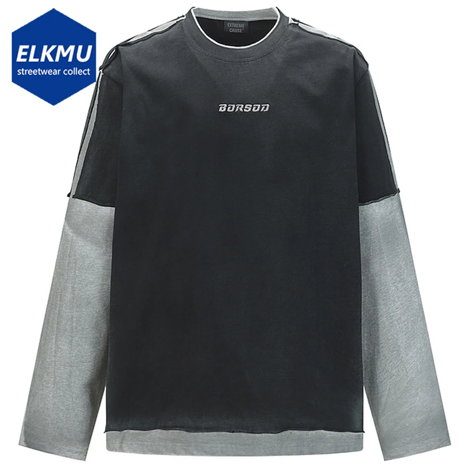 

Vintage Oversized Long Sleeve T-shirts Streetwear Harajuku Hip Hop T Shirts Fake Two Piece Loose Casual Tee Tops Retro Tshirts