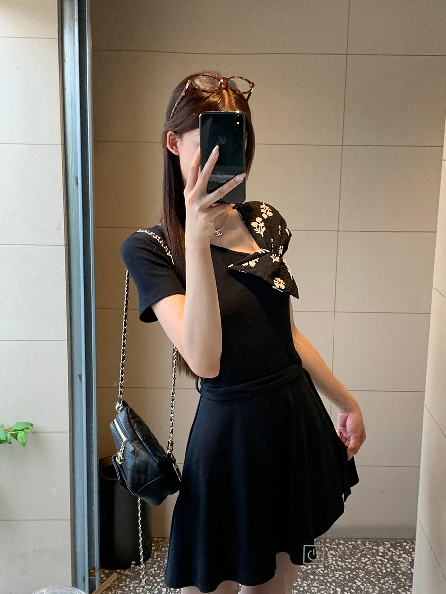 Ele Bla Summer Dr Damen Faionable Waist-Cut Rock High Waist ort Sve Round Ne H-Sle Cotton Blend Dr