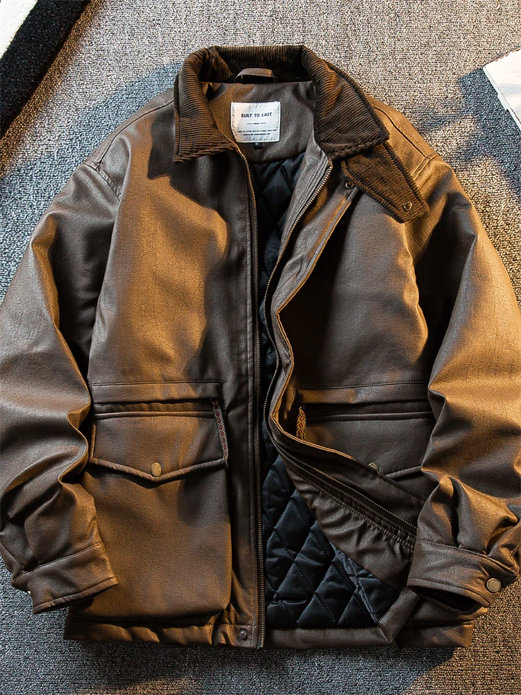 

High-End Retro Workwear Cotton Lined Leather Jaet Men's Autumn Winter Motorcycle Jaet Windproof Warm Sli Youth Faion