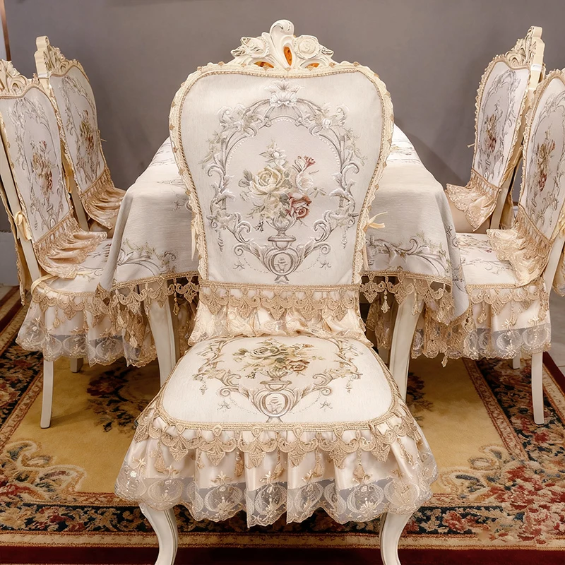

Home European Style Dining Chair Cover Luxury Jacquard Lace Hem Anti-slip Dining Room Seat Cushion Party Decoration Chair Cover