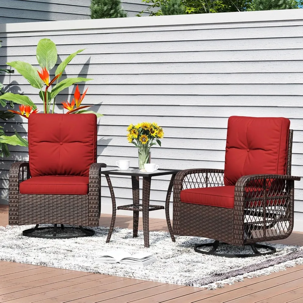 

3 Pieces Patio Furniture Set, Patio Swivel Rocker Chairs Set of 2, Wicker Outdoor Bistro Set with Rocking Chair, Thickened Cush