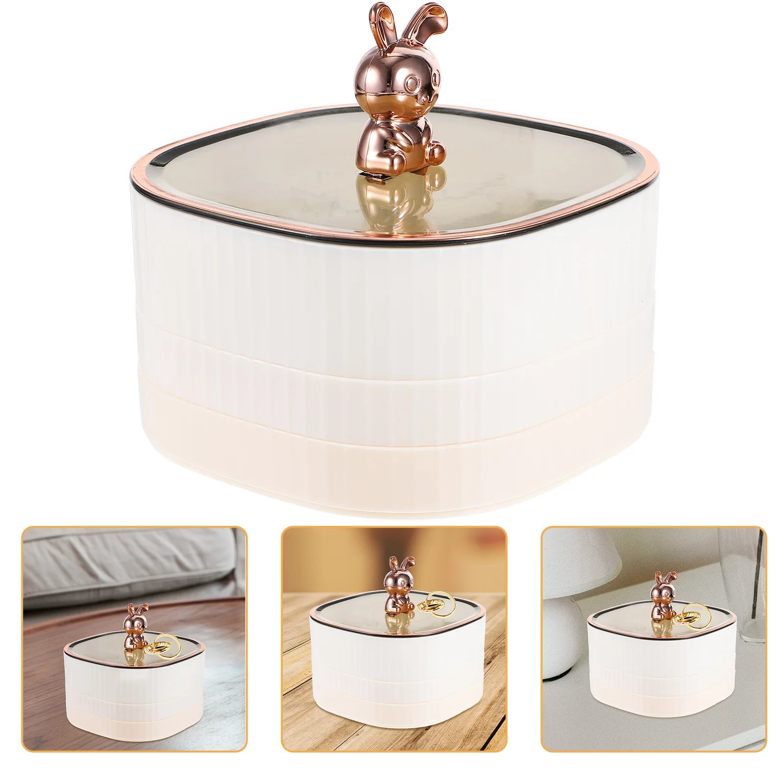 

Multi-Layer Wooden Jewelry Storage Box Organizer Case for Earrings Necklaces Bracelets Desktop Display Holder with Rabbit