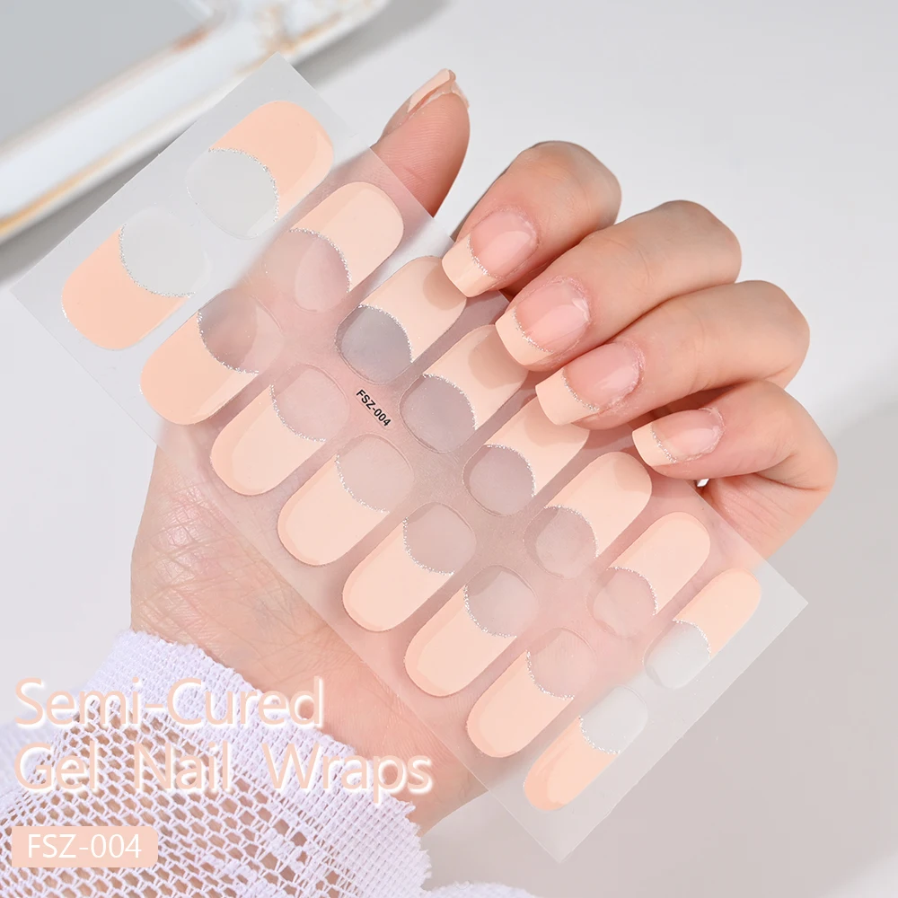 Nude Pink French Semi-Cured Gel Nail Patch Slider Adhesive Waterproof Long Lasting Full Cover Gel Nail Sticker UV Lamp Needed *^