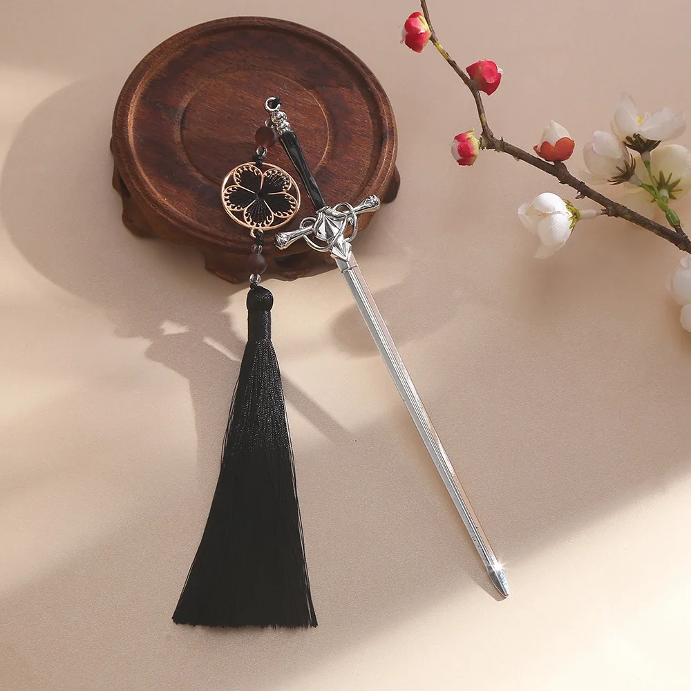 Vintage Chinese Style Hair Pin Sword Stick Tassel Geometric Metal Hairpin Geometric Metal Hair Accessory