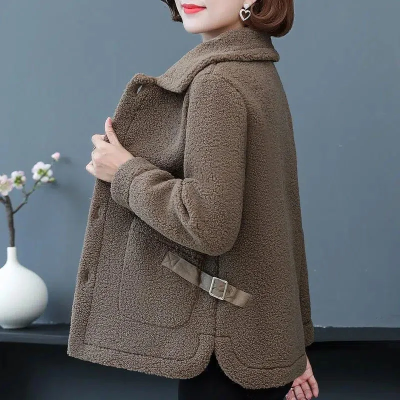 Mẹ Của Mùa Thu Áo Khoác Mùa Đông Với Lambswool Và Bộ Lông Ngắn Dạng Hạt Cashmere Phối Cho Phụ Nữ Nước Ngoài Giả Cừu Cắt Lông Xù Lông