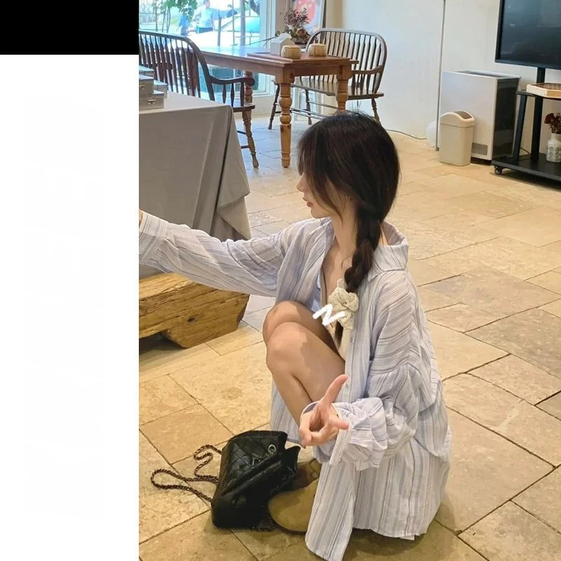 

Elegant Striped Long Sleeve Women's Shirt Loose Layering Design Casual Summer Sun Protection Casual High Street Style