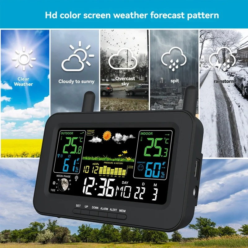 Color Screen Digital Weather Station Sunrise and Sunset Thermometer Hygrometer with Wireless Outdoor Sensor EU Plug A-PZZW