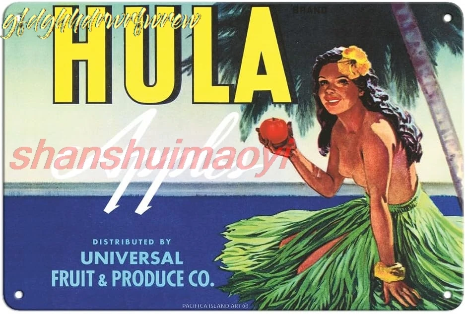 Pacifica Island Art Hula Brand Apples - Hawaiian Hula Girl - Universal Fruit and Produce Co. - Vintage Fruit Crate Label c. sign