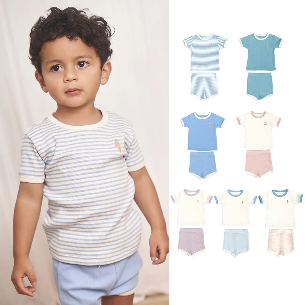 

2023 Summer Baby Boys Casual Short Sleeve T-shirt Children's Cotton Clothes Toddler Girls Striped Shorts Kids Tops Ropa De Niña