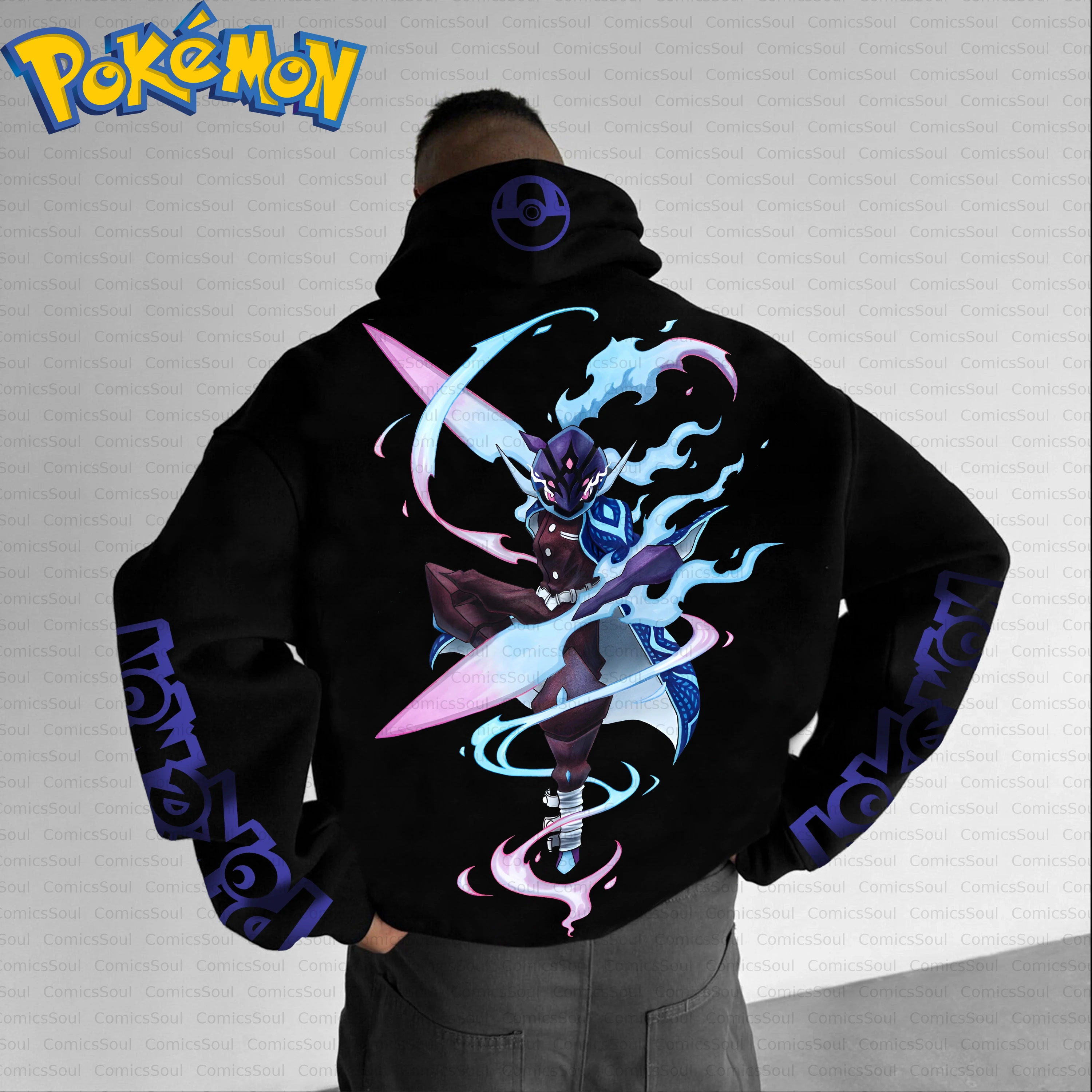 Conjunto de moletom com capuz Pokémon de algodão preto e calças Harajuku com estampa traseira de personagem dinâmico, efeitos azuis e rosa e padrão de manga