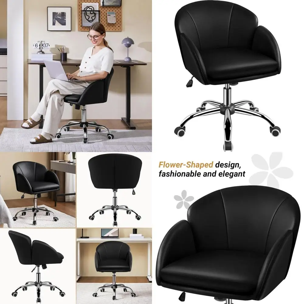 Modern Black Swivel Leather Desk Chair with Armrests for Home Office, Makeup Vanity, and Computer Use