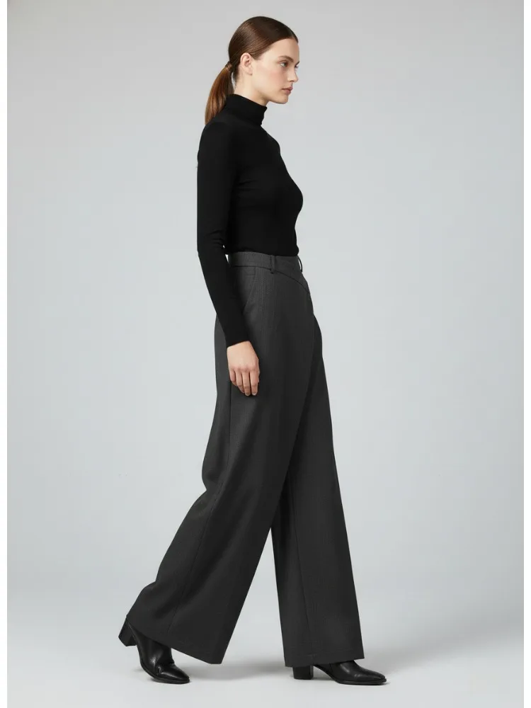 미수오 2026 신상 여성 와이드 레그 테일러드 팬츠 다크 그레이 랩 웨이스트 비즈니스 캐주얼 럭셔리 워크웨어 팬츠 비대칭 바텀