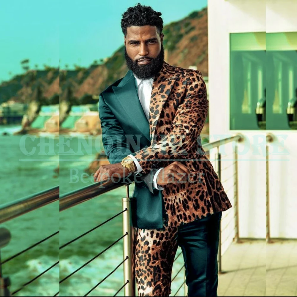 Fashion Leopard Print Men Suits Blazer Elegant Single Breasted Peak Lapel Slim Fit 2 Piece Jacket Pants Sets High Quality Outfit