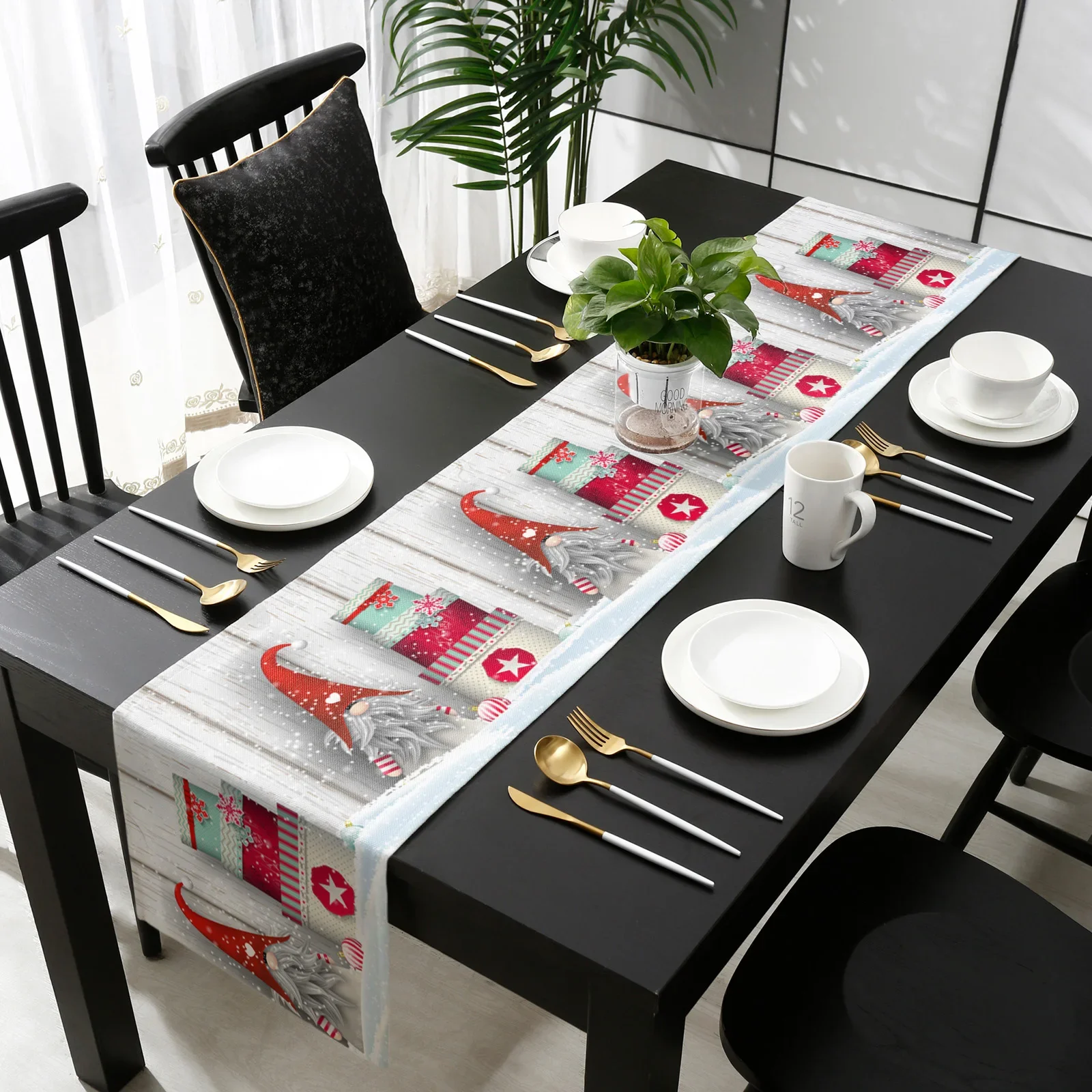 Christmas Gnome Snowflake Linen Table Runners Party Decor Reusable Winter xmas Kitchen Dining Table Runners Navidad Decorations