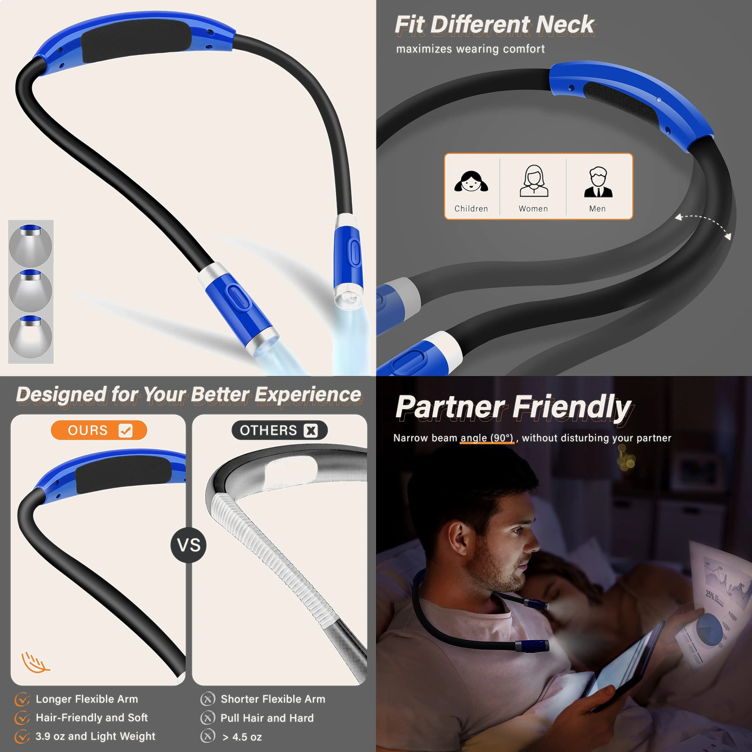 Hands-Free Rechargeable Neck Reading Light with Adjustable Brightness Silicone for Bed