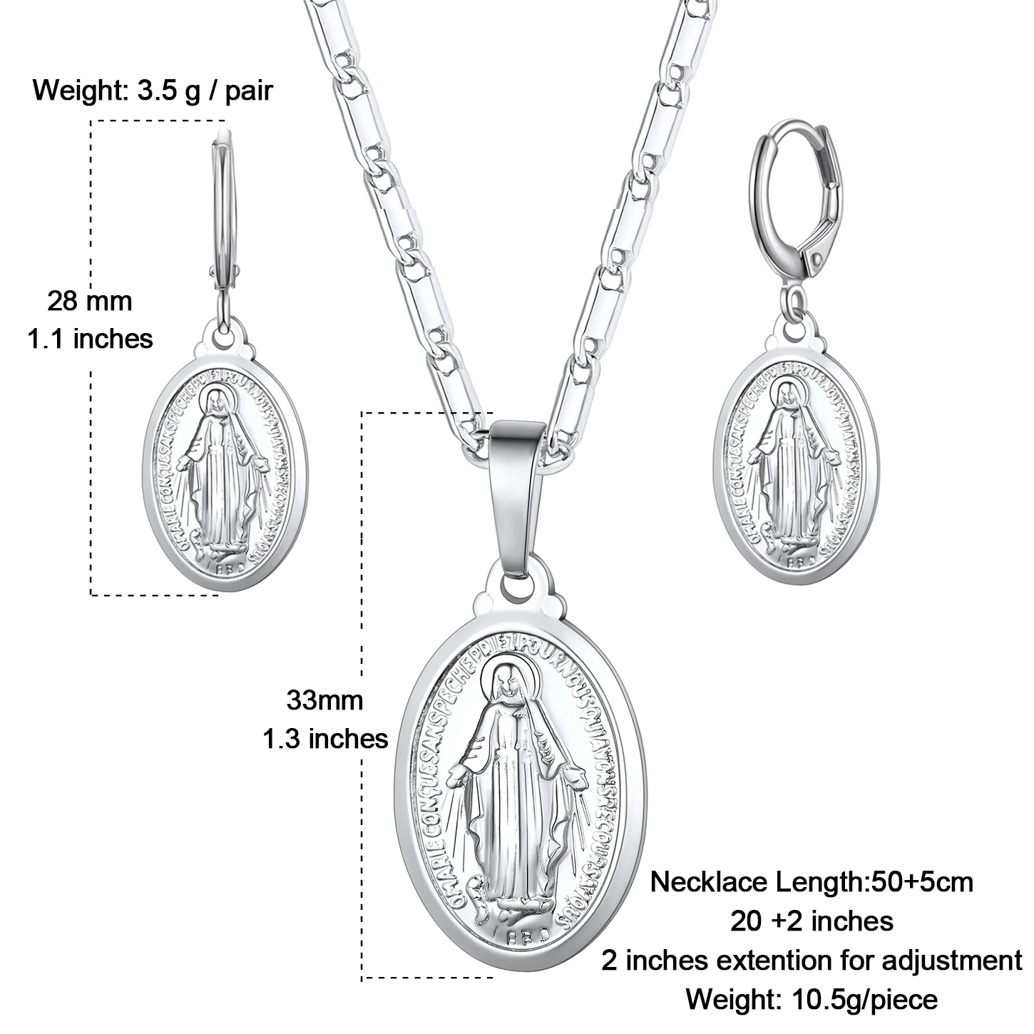 U7 Oval Coin Virgin Mary Pendant Necklace Dangle Earring Set for Women Embossed Miraculous Medal 2pcs/set Jewelry Set Gift