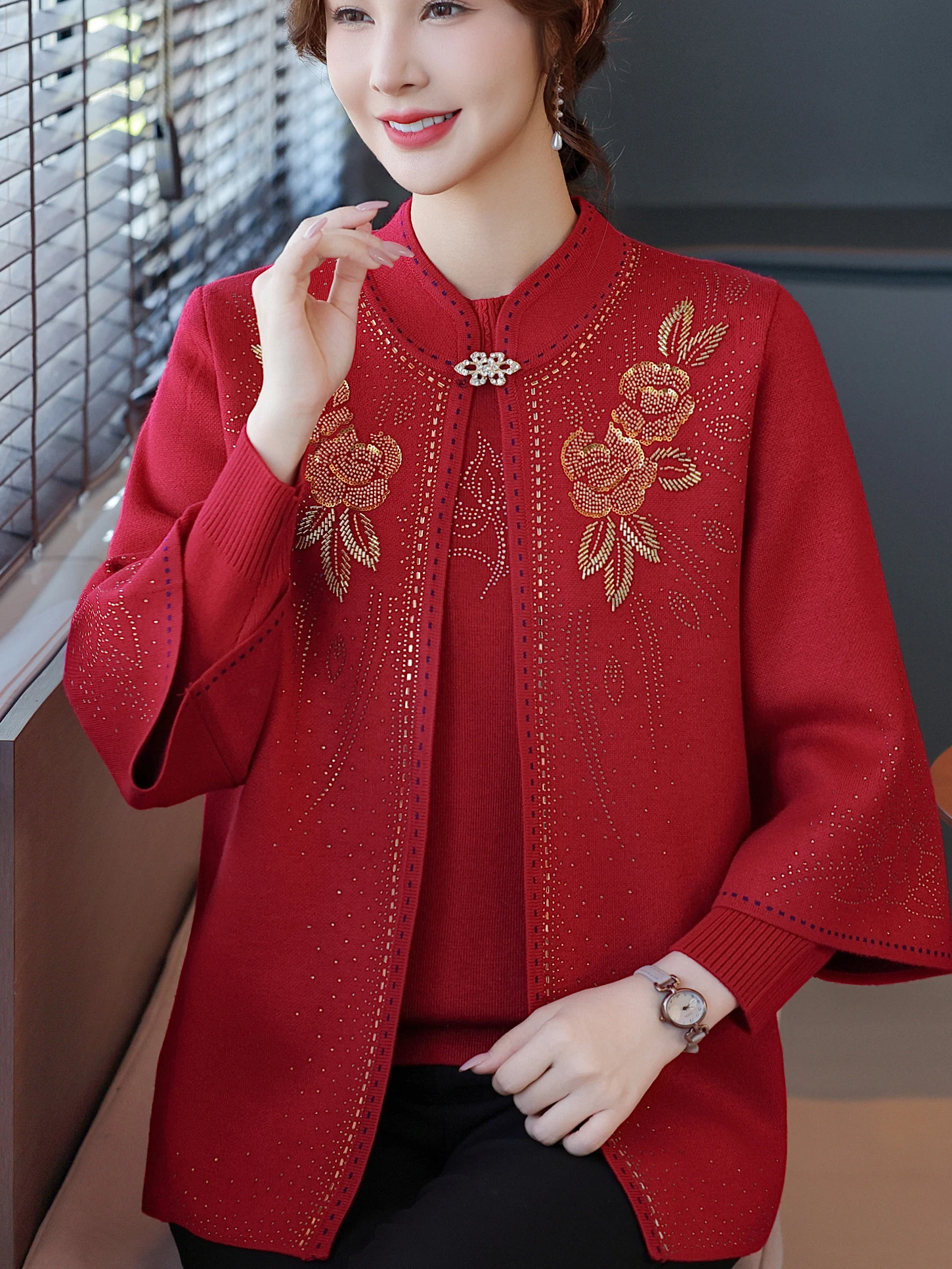 

New Chinese Sle Festive Mommy Clothes Knitted Sweater Coat Seven-Quarter Sve Two-Piece Set Happy Mother-In-Law National ...