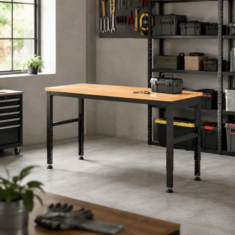 Banc de travail, 1549 x 508 mm, hauteur réglable de 688 à 914 mm, capacité de 900 kg, avec prises électriques, surface en bois dur, structure métallique et patins de fixation, idéal pour garage, bureau et maison
