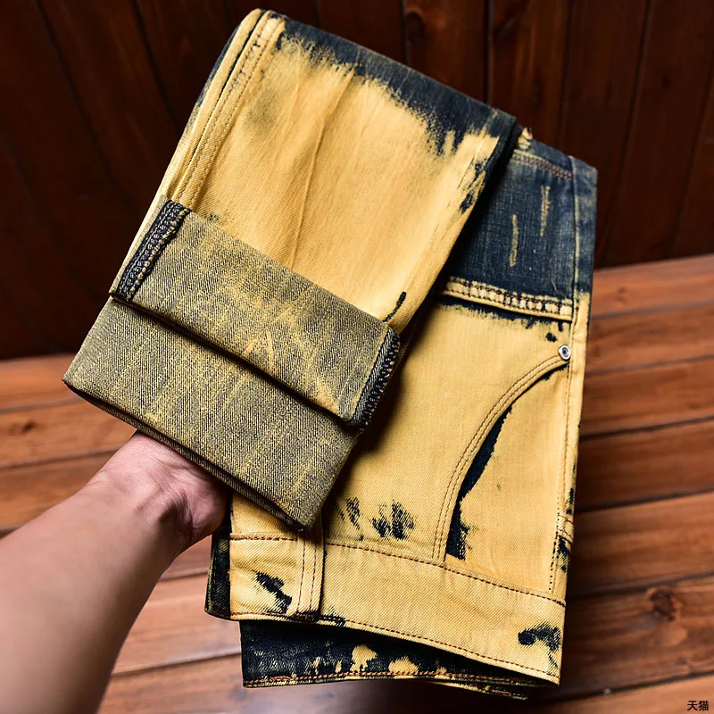 Washed denim jeans for men new style with holes elastic and fashionable straight fit retro and trendy brand casual printed denim