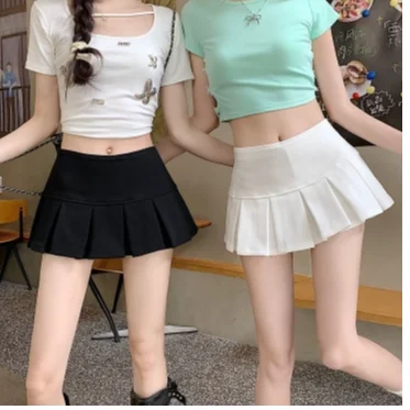 

Fashionable A-Line Skirt Pure Color Half-length Bicolor Pleated Women's New Style Small Size Ultra-Short Skirt Casual Wear