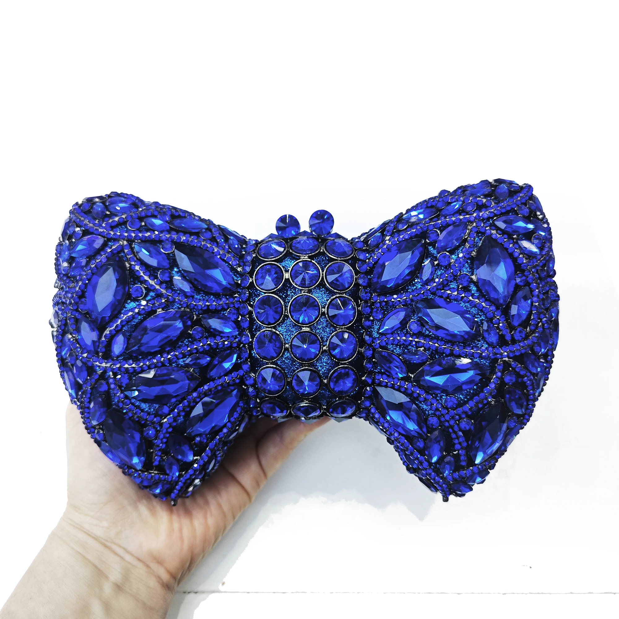 Blue Bow Crystal Clutch Purse WHTUOHENG  Lady Evening Bags Women Diamond Handbag Metallic Box Wedding Party Dinner Bags
