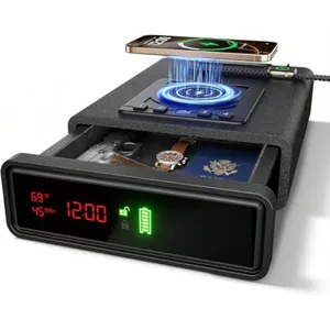 Biometric Fingerprint Gun Safe with Phone and Watch Wireless Charging 3 Quick Access Clock Handgun Safe with Adjustable Brightn